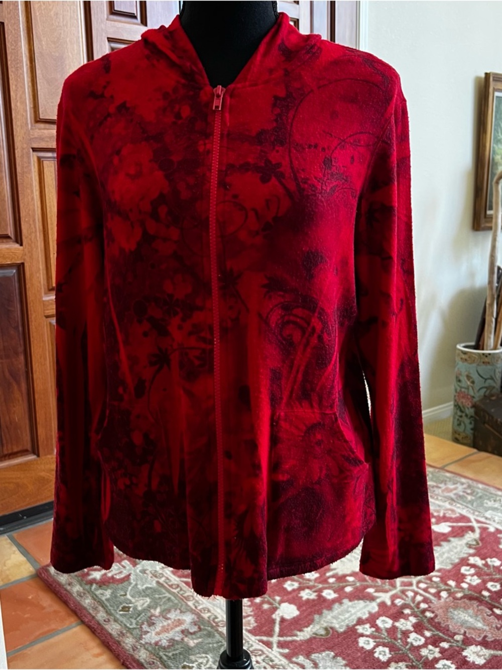 Vintage 180 Red Floral Zip Up Sweatshirt Hoodie Size L